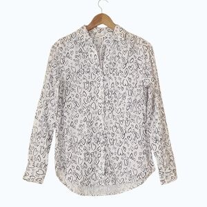 NWT Beachlunchlounge Alessia Heart Print Button Down Shirt White Black V Day XS